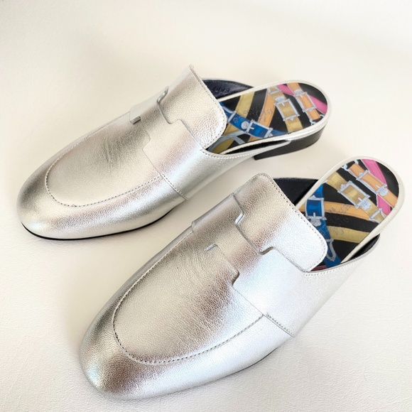 HERMES H CATENA SILVER LEATHER MULES FLIP FLOPS SHOES FLAT SLIDES 35.5 - Picture 3 of 16